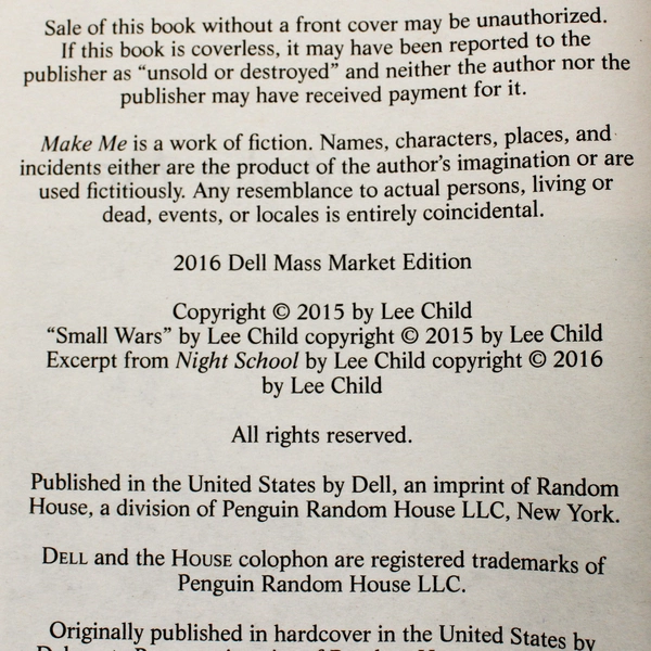 Make Me by Lee Child Early Jack Reacher Novel 2016 Paperback