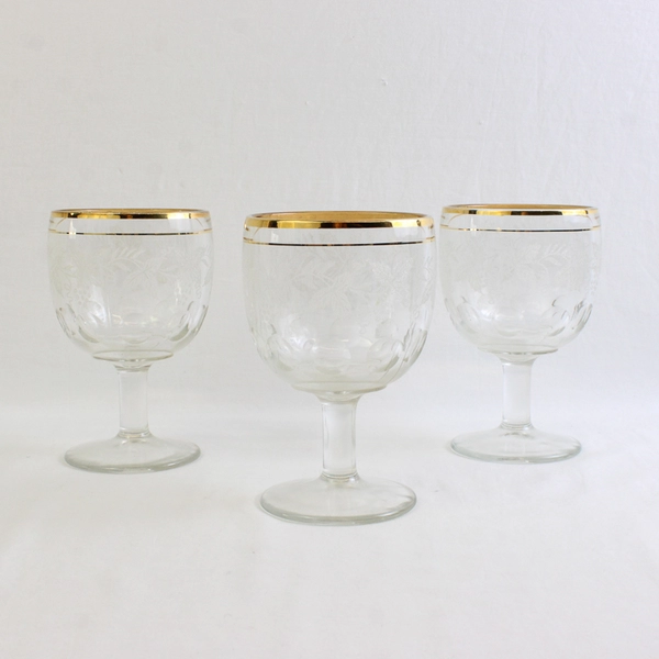 Lot of 3 Bartlett Collins Grape Leaf Etched Goblets Clear Glass Thumbprint