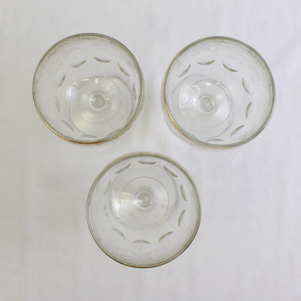 Lot of 3 Bartlett Collins Grape Leaf Etched Goblets Clear Glass Thumbprint