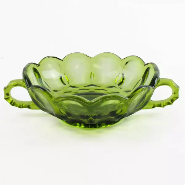 Vtg Anchor Hocking Fairfield Avocado Green Two-Handled Nappy Bowl Pressed Glass
