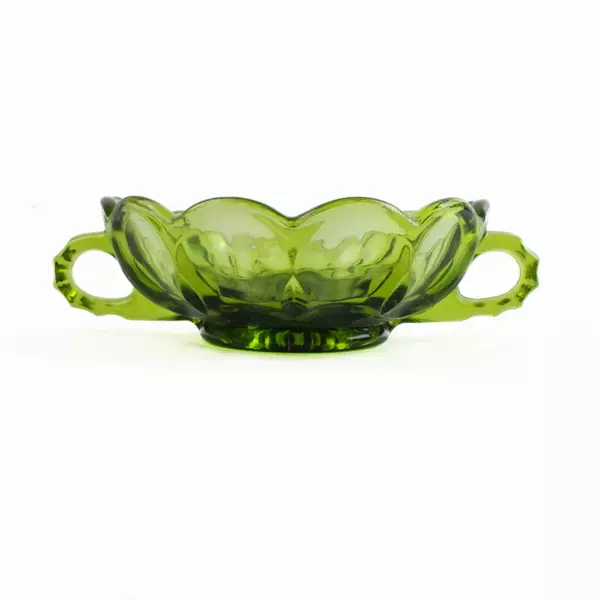 Vtg Anchor Hocking Fairfield Avocado Green Two-Handled Nappy Bowl Pressed Glass