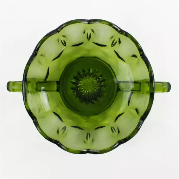 Vtg Anchor Hocking Fairfield Avocado Green Two-Handled Nappy Bowl Pressed Glass