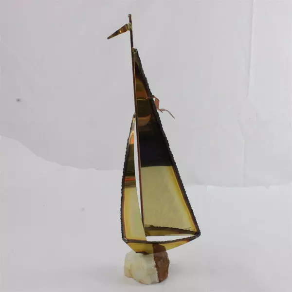 Vintage Brass Sailboat On Stone Base Sculpture Art In Metal Signed 14"