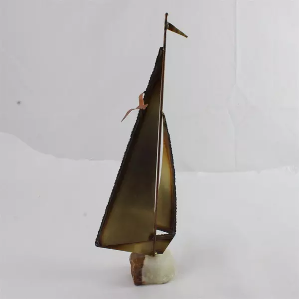 Vintage Brass Sailboat On Stone Base Sculpture Art In Metal Signed 14"
