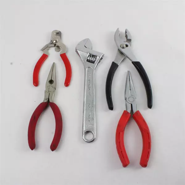 Lot of 5 Hand Tools: Needle Nose Pliers, Regular Pliers, Wrench, Wire Stripper