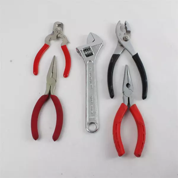 Lot of 5 Hand Tools: Needle Nose Pliers, Regular Pliers, Wrench, Wire Stripper
