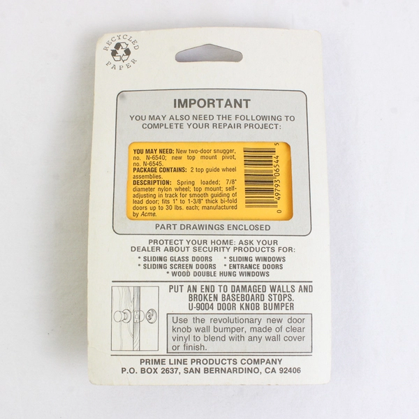 NIB Do-It Yourself Replacement Hardware Bi-fold Door Guide Wheel No. N-6544