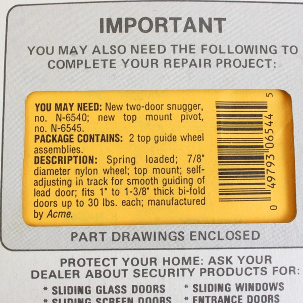 NIB Do-It Yourself Replacement Hardware Bi-fold Door Guide Wheel No. N-6544