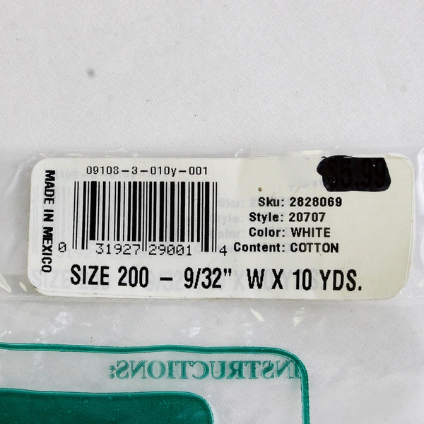 NIP Trimtex Size 200 White Cotton Cable Cord 9/32" W x 10 Yds