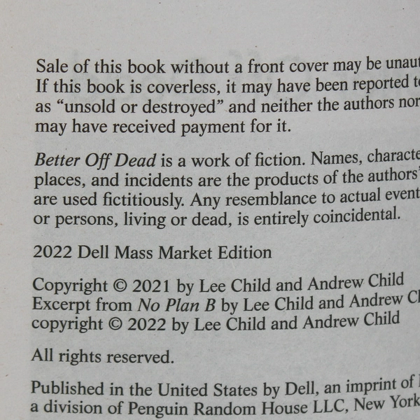 Better Off Dead by Lee Child & Andrew Child 2022 A Jack Reacher Novel PB