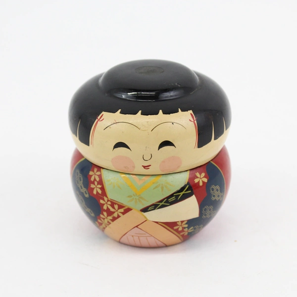 Vintage 2 Part Hand Painted Lacquer Ware Kokeshi Doll Box with Lid, 3" Tall