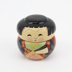 Vintage 2 Part Hand Painted Lacquer Ware Kokeshi Doll Box with Lid, 3" Tall