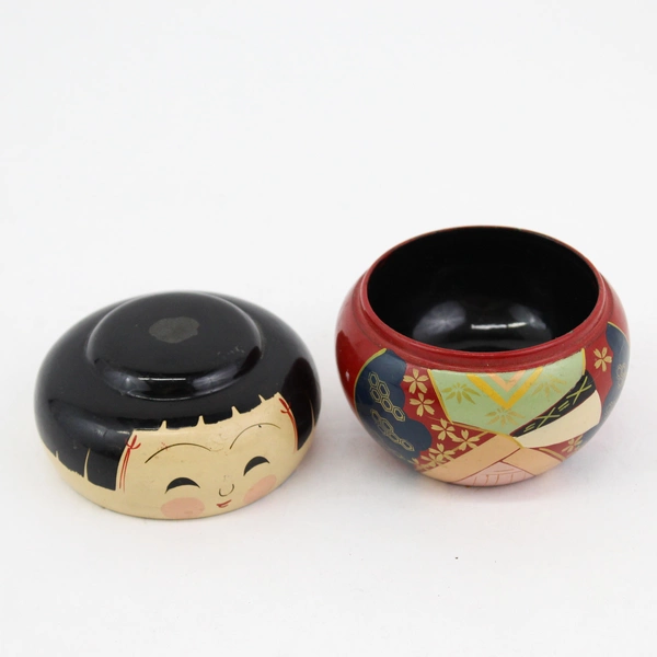 Vintage 2 Part Hand Painted Lacquer Ware Kokeshi Doll Box with Lid, 3" Tall