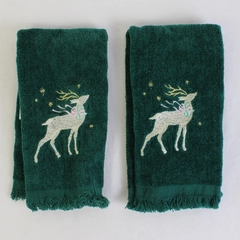 Lot Of 2 Saturday Knight Matching Green Embroidered Deer W/ Snow Hand Towels