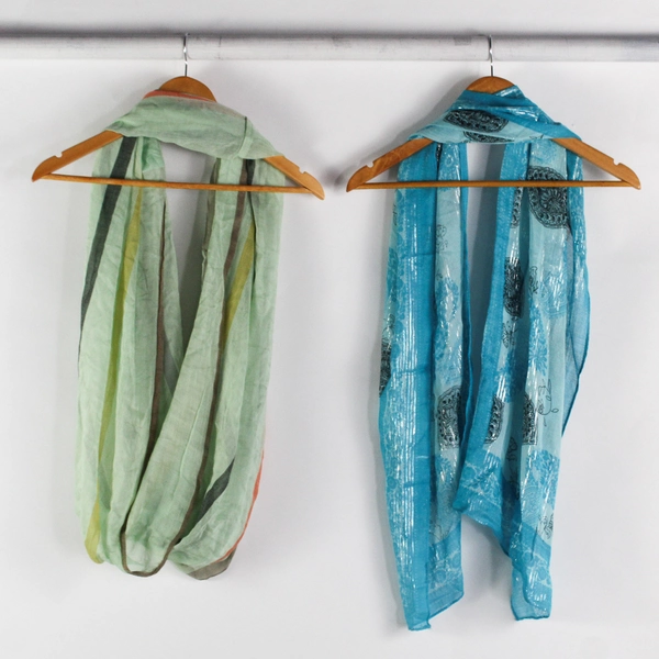 Lot of 2 Ladies' Fashion Viscose Scarves, RN136556, Teal Blue and Mint Green