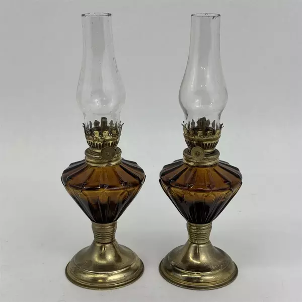 Set of 2 Vintage Brown Glass and Brass Mini Oil Lamps 