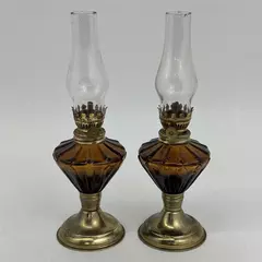 Set of 2 Vintage Brown Glass and Brass Mini Oil Lamps 