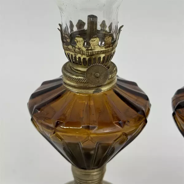 Set of 2 Vintage Brown Glass and Brass Mini Oil Lamps 
