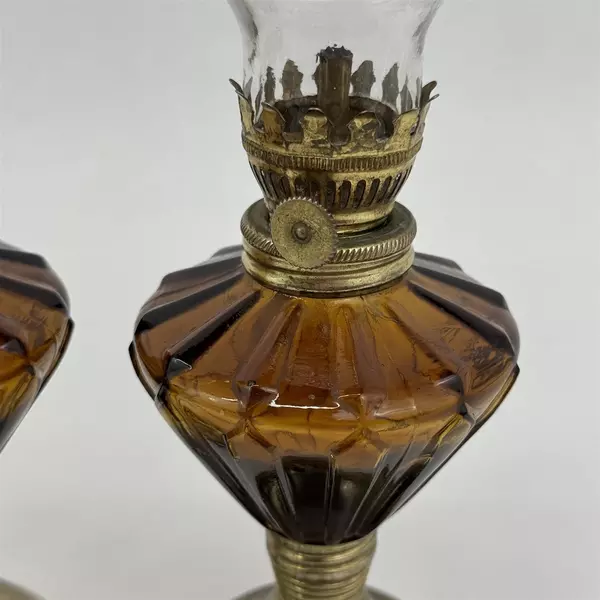 Set of 2 Vintage Brown Glass and Brass Mini Oil Lamps 
