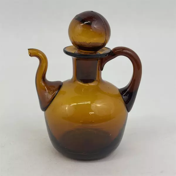 Vintage Hand Blown Brown Glass Mini Pitcher Or Cruet With Glass Stopper