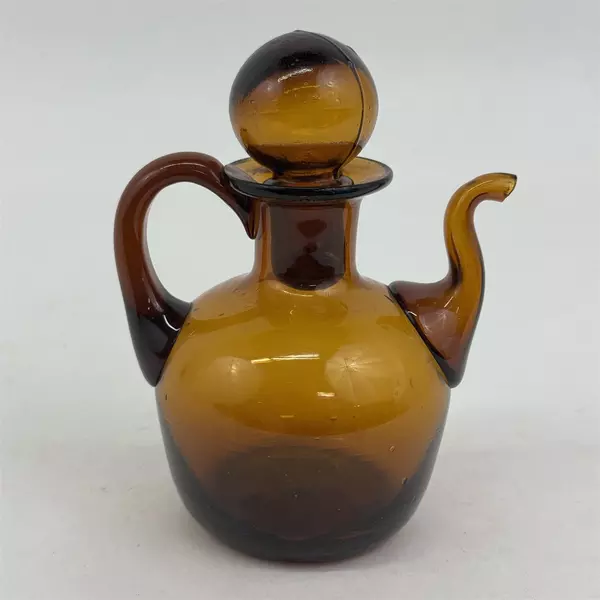 Vintage Hand Blown Brown Glass Mini Pitcher Or Cruet With Glass Stopper