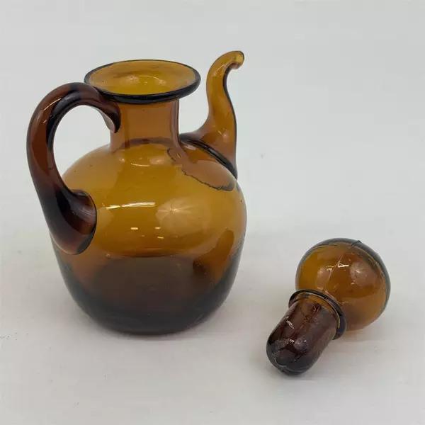 Vintage Hand Blown Brown Glass Mini Pitcher Or Cruet With Glass Stopper