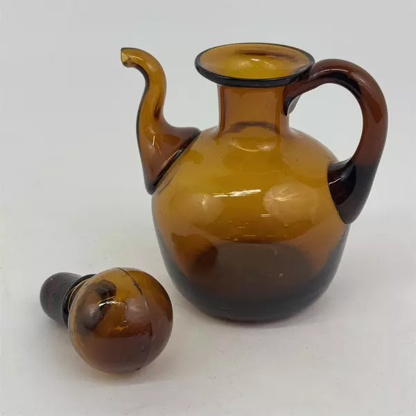 Vintage Hand Blown Brown Glass Mini Pitcher Or Cruet With Glass Stopper