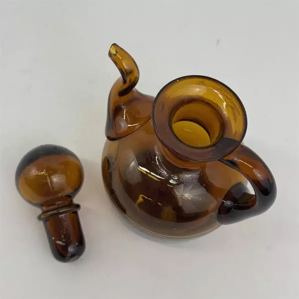 Vintage Hand Blown Brown Glass Mini Pitcher Or Cruet With Glass Stopper
