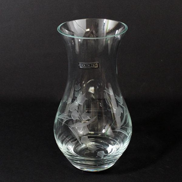 Vintage Colony Etched Crystal Vase 10" Floral Pattern Original Sticker Romanian