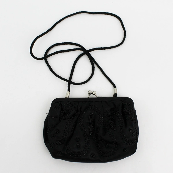 Vintage Black Silk Beaded Evening Clutch Bag w/ Cord Shoulder Strap