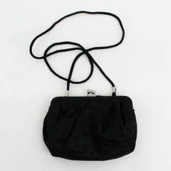 Vintage Black Silk Beaded Evening Clutch Bag w/ Cord Shoulder Strap