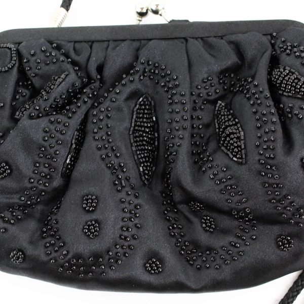 Vintage Black Silk Beaded Evening Clutch Bag w/ Cord Shoulder Strap