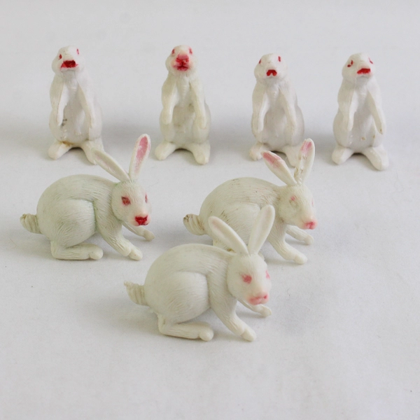 Lot of 7 Miniature Easter Bunny Rabbit Figurines White with Red Pink Faces