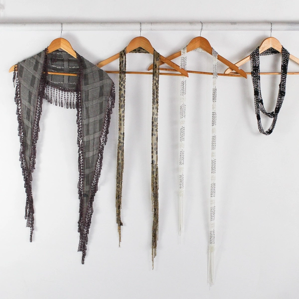 Lot of 4 Unbranded Beaded Fringe Scarves Various Colors and Textures