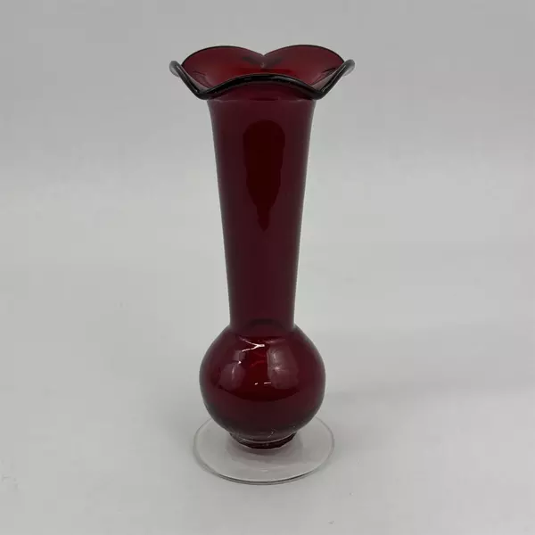 Vtg Ruby Red Glass Vase Ruffled Rim Clear Base 8.5 Inch