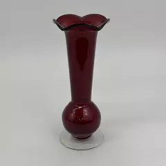 Vtg Ruby Red Glass Vase Ruffled Rim Clear Base 8.5 Inch