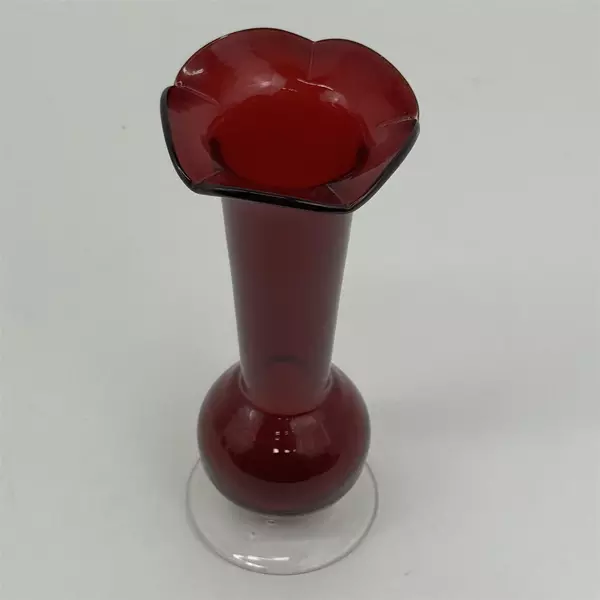 Vtg Ruby Red Glass Vase Ruffled Rim Clear Base 8.5 Inch