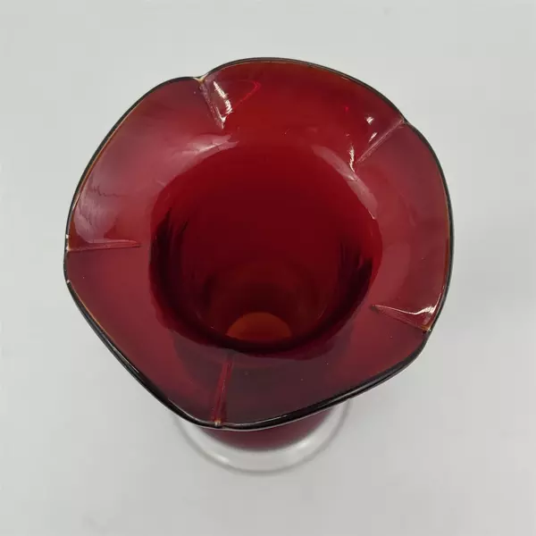 Vtg Ruby Red Glass Vase Ruffled Rim Clear Base 8.5 Inch