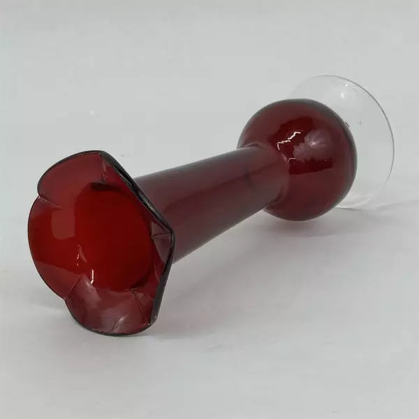 Vtg Ruby Red Glass Vase Ruffled Rim Clear Base 8.5 Inch