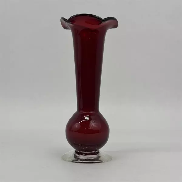 Vtg Ruby Red Glass Vase Ruffled Rim Clear Base 8.5 Inch