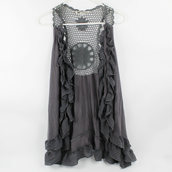 Papillon Los Angeles Gray Open-Front Ruffled Crochet Top Women's Size Medium