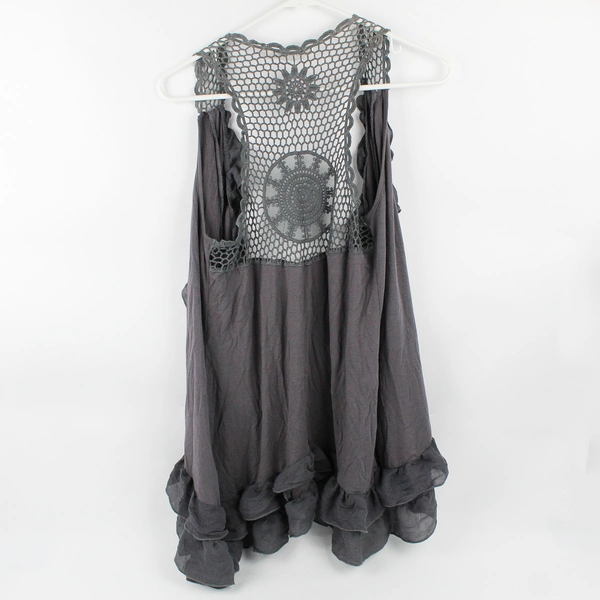 Papillon Los Angeles Gray Open-Front Ruffled Crochet Top Women's Size Medium
