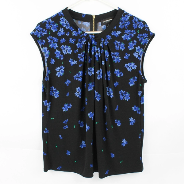 Liz Claiborne Career Black and Blue Floral Cap Sleeve Blouse Women's Size Medium