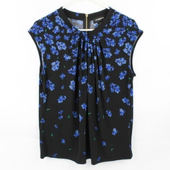 Liz Claiborne Career Black and Blue Floral Cap Sleeve Blouse Women's Size Medium