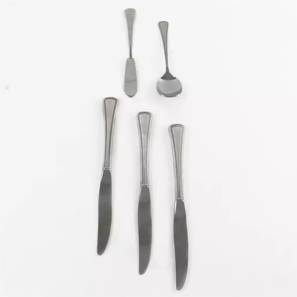 Lot of 5 Oneida Needlepoint Stainless 3 Knives Sugar Spoon & Butter Knife
