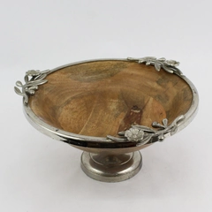 VTG Wooden Fruit Bowl With Silver Plate Pedestal Base And Floral Rim India