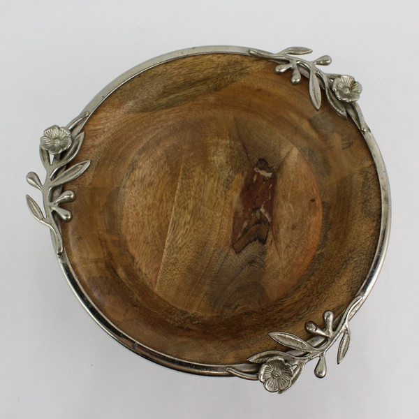 VTG Wooden Fruit Bowl With Silver Plate Pedestal Base And Floral Rim India