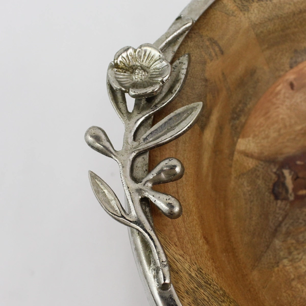 VTG Wooden Fruit Bowl With Silver Plate Pedestal Base And Floral Rim India