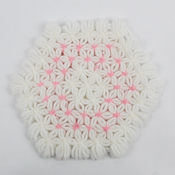 Vintage Handmade Crocheted White and Pink Yarn Trivet Hot Pad 8"