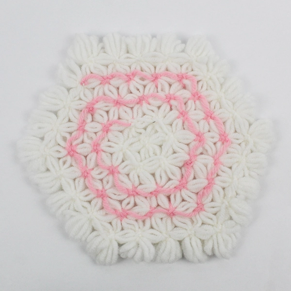 Vintage Handmade Crocheted White and Pink Yarn Trivet Hot Pad 8"